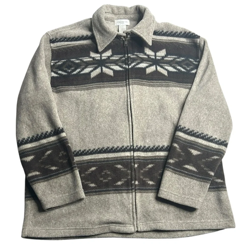 Jones New York Sport Women’s Large Fleece Zip Jacket Snowflake Nordic Pattern‎